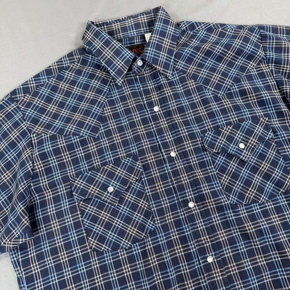 Plains Western Wear Shirt‎ Mens M Blue Plaid Pearl Snap Short Sleeve Cowboy USA